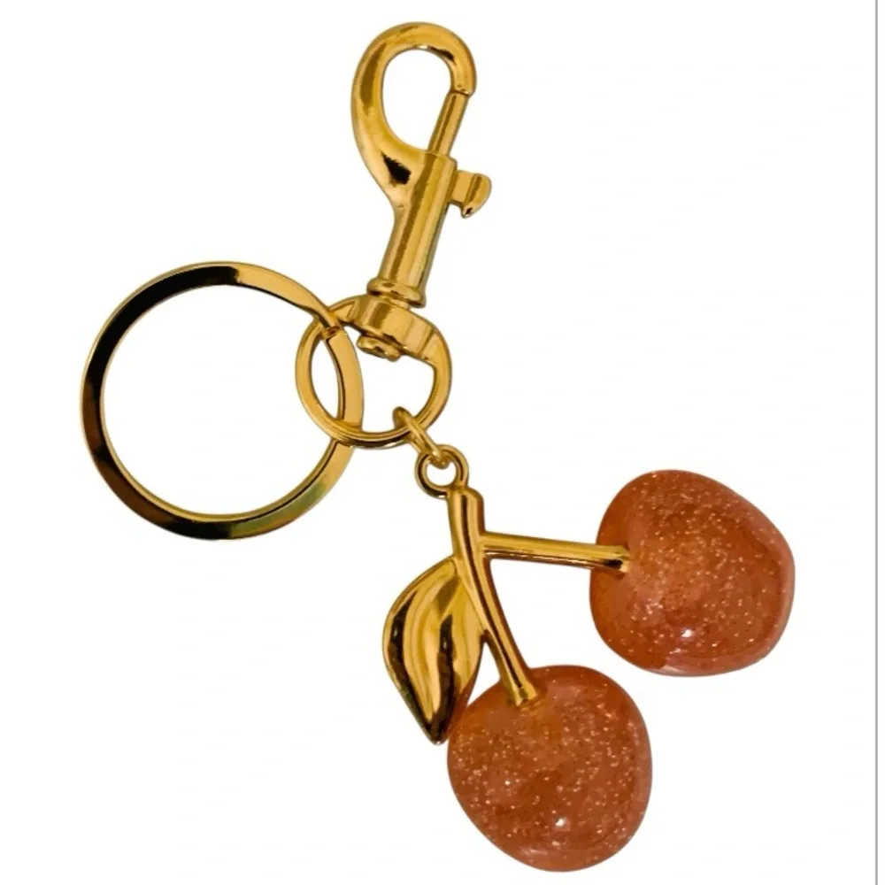 Gold Cherry Fruit Keychain Bag Charm Pendant with Pink Glitter Cherries Bling - Picture 4 of 12